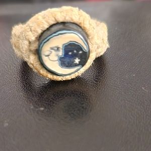 90s jute and clay Cresent moon ring